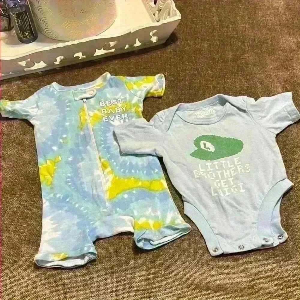 “Best Baby Ever” Tie-Dye Romper & “Little Brothers Get Luigi” Blue Onesie